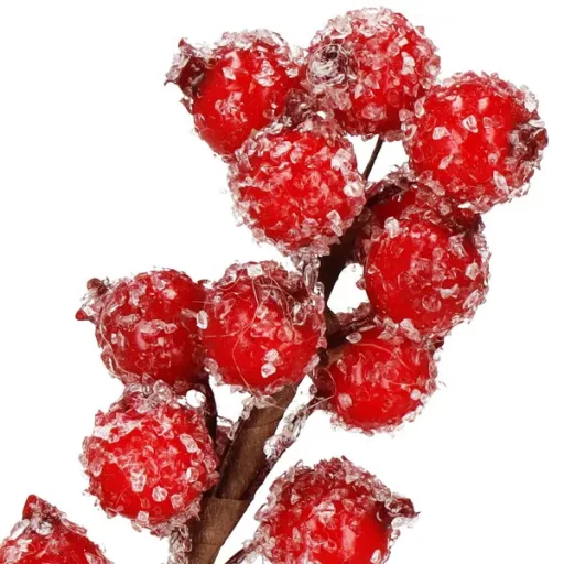 Karácsonyi dekoratív ág, vörös berkenye bogyókkal, juta zsinórral, 15 cm