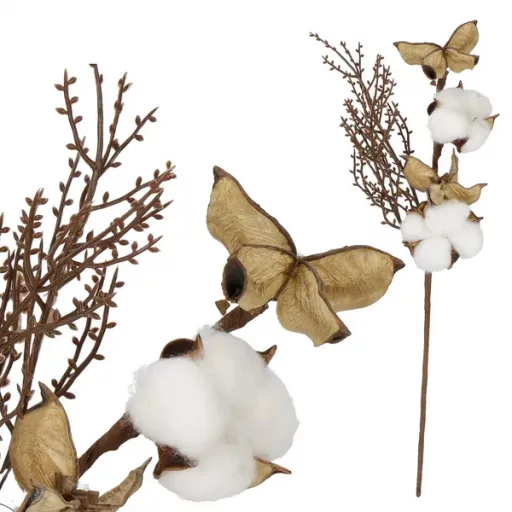 Dekoratív vattagolyós ünnepi ág, barna/fehér, 35 cm