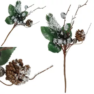   Karácsonyi műág havas bogyókkal és tobozzal, 25 cm, barna/fehér/zöld