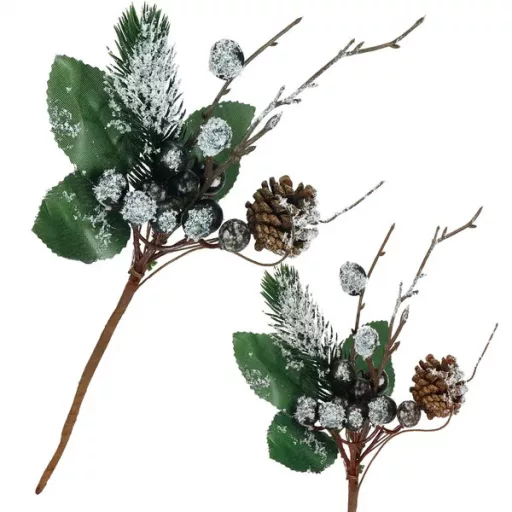 Karácsonyi műág havas bogyókkal és tobozzal, 25 cm, barna/fehér/zöld