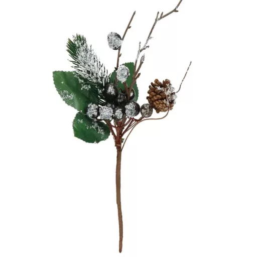 Karácsonyi műág havas bogyókkal és tobozzal, 25 cm, barna/fehér/zöld