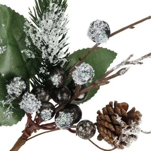 Karácsonyi műág havas bogyókkal és tobozzal, 25 cm, barna/fehér/zöld