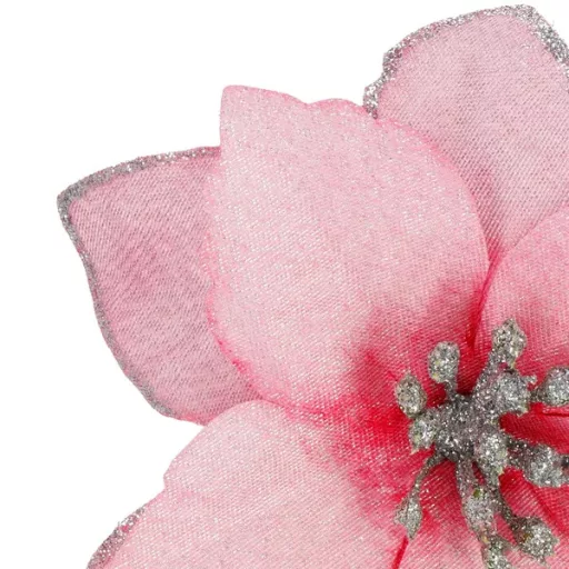 Mű magnóliavirág csipesszel, 15 cm, rózsaszín-ezüst csillám, 1 db