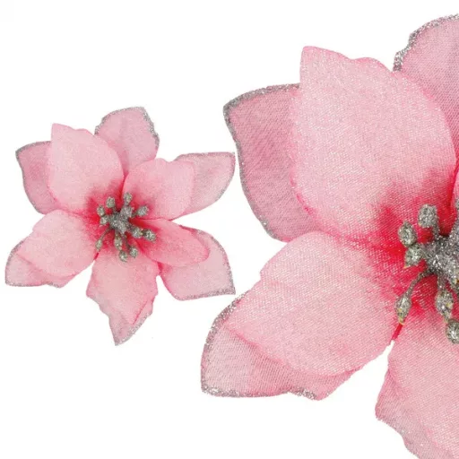 Mű magnóliavirág csipesszel, 15 cm, rózsaszín-ezüst csillám, 1 db