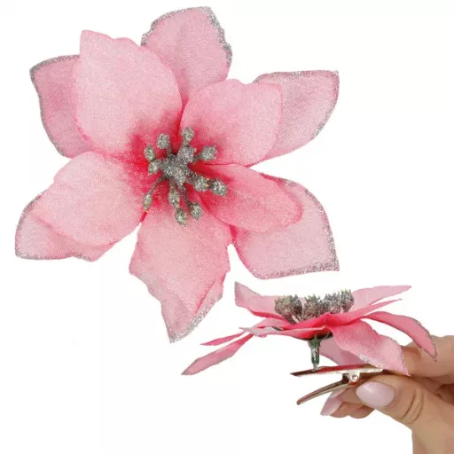 Mű magnóliavirág csipesszel, 15 cm, rózsaszín-ezüst csillám, 1 db