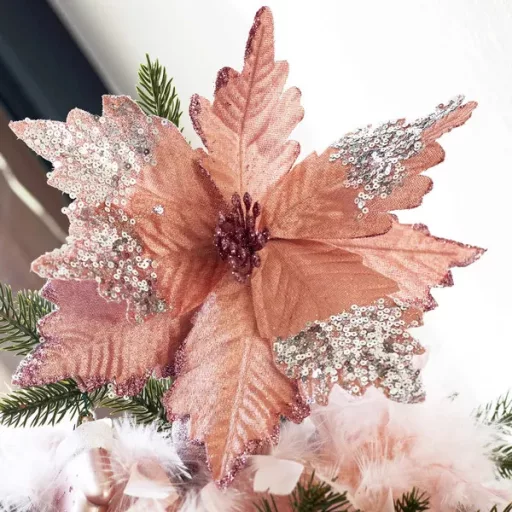 Mikulásvirág karácsonyi dísz klipsszel, 25 cm, rózsaszín-ezüst csillám