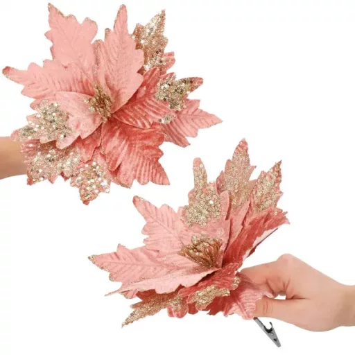 Mikulásvirág karácsonyi dísz klipsszel, 25 cm, rózsaszín-ezüst csillám