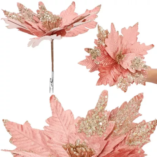 Mikulásvirág karácsonyi dísz klipsszel, 25 cm, rózsaszín-ezüst csillám