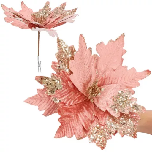 Mikulásvirág karácsonyi dísz klipsszel, 25 cm, rózsaszín-ezüst csillám