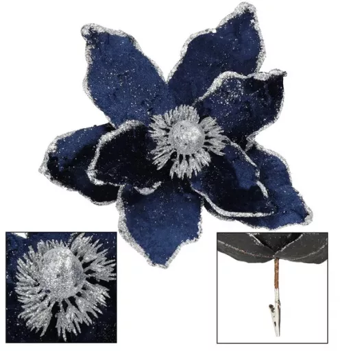 Mű magnólia virág csipeszes, 20 cm, fekete-sötétkék ezüst csillámos