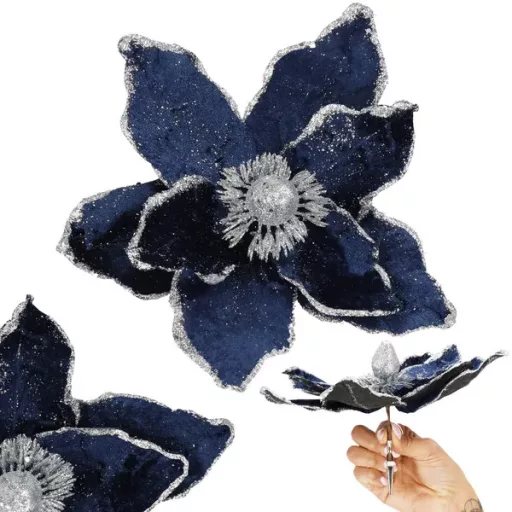 Mű magnólia virág csipeszes, 20 cm, fekete-sötétkék ezüst csillámos