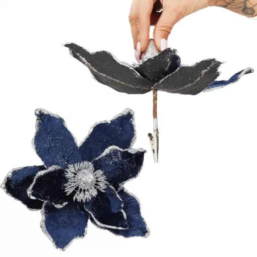 Mű magnólia virág csipeszes, 20 cm, fekete-sötétkék ezüst csillámos