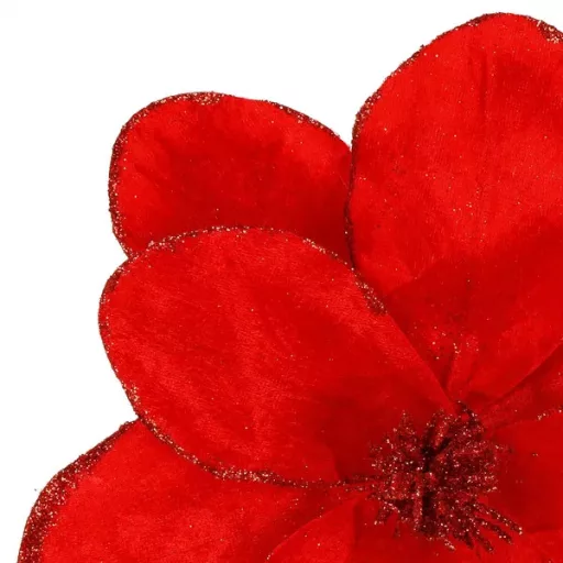 Mű magnólia virág, piros csillámos, 26×21 cm, 1 db