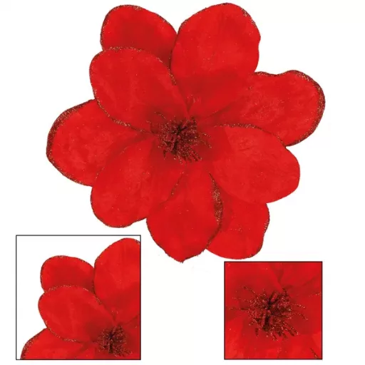 Mű magnólia virág, piros csillámos, 26×21 cm, 1 db