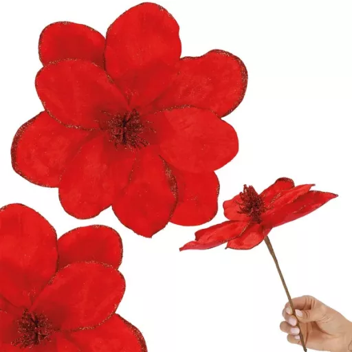 Mű magnólia virág, piros csillámos, 26×21 cm, 1 db