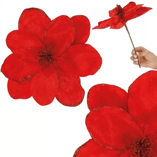 Mű magnólia virág, piros csillámos, 26×21 cm, 1 db