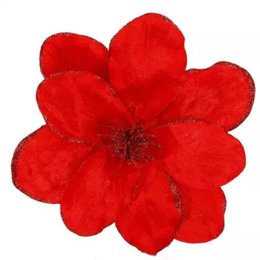 Mű magnólia virág, piros csillámos, 26×21 cm, 1 db