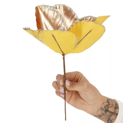 Mű magnólia virág, sárga-arany csillámos, 25×38 cm