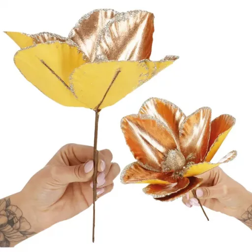 Mű magnólia virág, sárga-arany csillámos, 25×38 cm