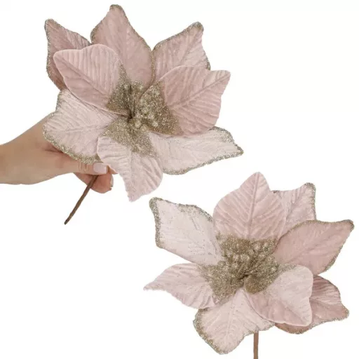 Karácsonyi mikulásvirág dekor, rózsaszín-arany glitter, 25 cm, műanyag