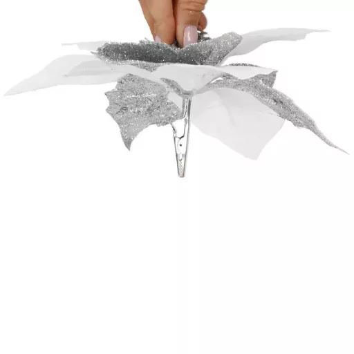 Fehér-ezüst csillámos mikulásvirág klipsszel, 23 cm