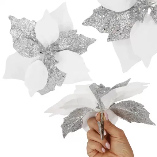 Fehér-ezüst csillámos mikulásvirág klipsszel, 23 cm