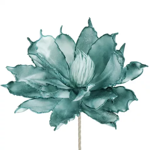 Művirág turkiz-ezüst csillámos, 74 cm, 17 szirmú dekoráció