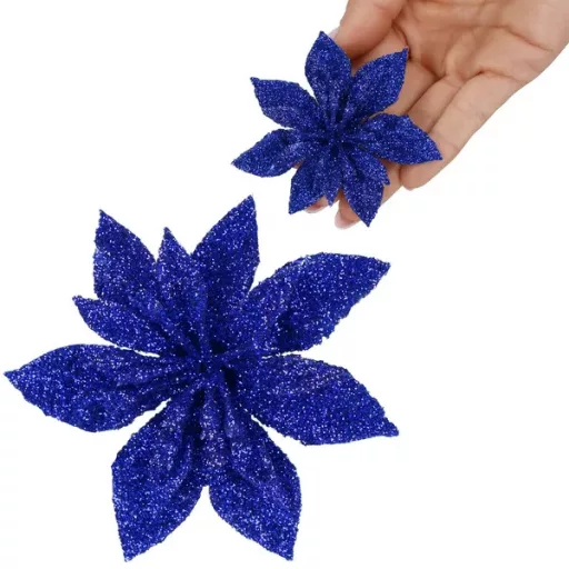 Karácsonyi műanyag poinsettia virág dísz, 15 cm, lila, csillámos