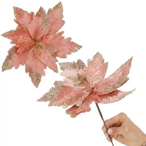 Rózsaszín–arany, csillámos mikulásvirág dekoráció, 29 cm