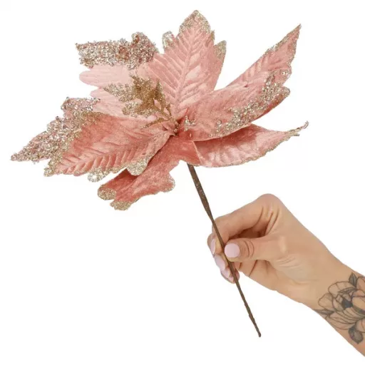 Rózsaszín–arany, csillámos mikulásvirág dekoráció, 29 cm