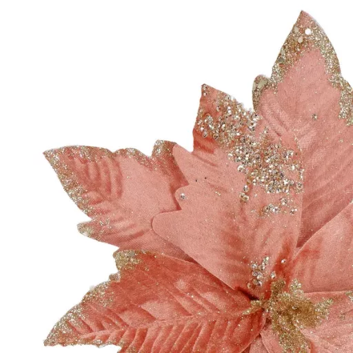 Rózsaszín–arany, csillámos mikulásvirág dekoráció, 29 cm