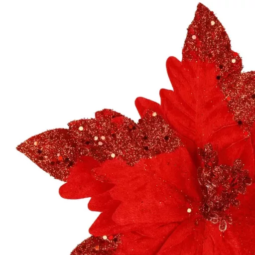 Karácsonyi mikulásvirág dekoráció, piros csillámos, 28 cm