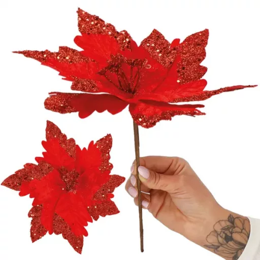 Karácsonyi mikulásvirág dekoráció, piros csillámos, 28 cm