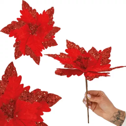 Karácsonyi mikulásvirág dekoráció, piros csillámos, 28 cm