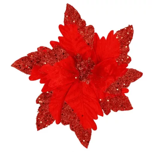 Karácsonyi mikulásvirág dekoráció, piros csillámos, 28 cm