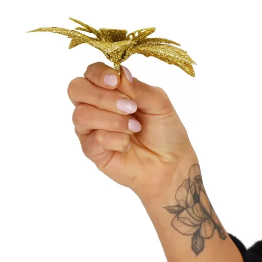Arany csillámos karácsonyi virág dísz, műanyag, 13 cm
