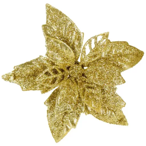 Arany csillámos karácsonyi virág dísz, műanyag, 13 cm