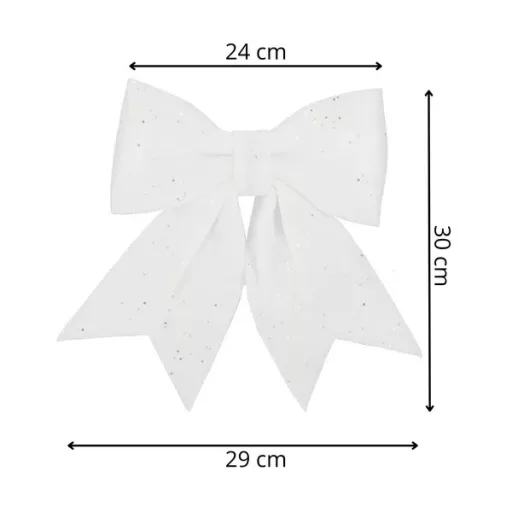 Fehér, csillámos karácsonyi masni, 30×29 cm, műanyag dekor