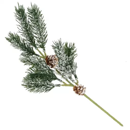 Karácsonyi díszítő ág tobozzal és műhóval, 34 cm, barna-zöld