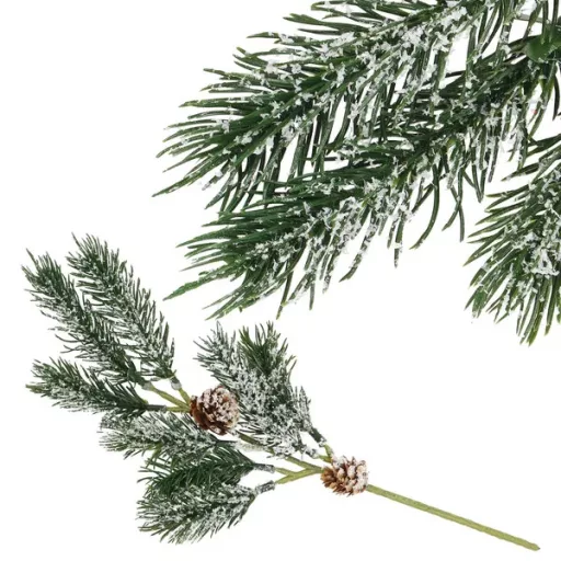 Karácsonyi díszítő ág tobozzal és műhóval, 34 cm, barna-zöld