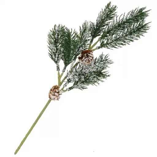 Karácsonyi díszítő ág tobozzal és műhóval, 34 cm, barna-zöld