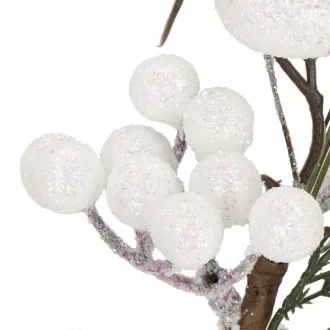  Téli díszes műág fehér bogyókkal, csillámos madárral, 25,5 cm