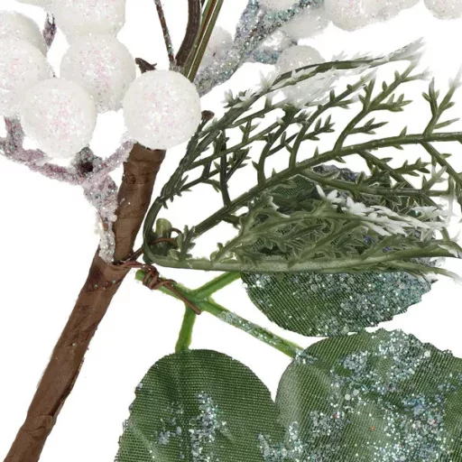 Téli díszes műág fehér bogyókkal, csillámos madárral, 25,5 cm