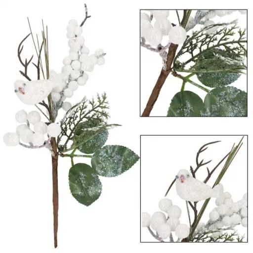 Téli díszes műág fehér bogyókkal, csillámos madárral, 25,5 cm