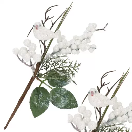 Téli díszes műág fehér bogyókkal, csillámos madárral, 25,5 cm