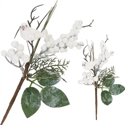 Téli díszes műág fehér bogyókkal, csillámos madárral, 25,5 cm