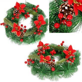   Karácsonyi dekoratív koszorú 30 cm, zöld–piros, fenyőág, toboz, juta akasztó