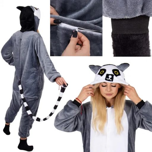 Lemur kigurumi kapucnis pizsama, M méret, 100% poliészter, multikolor