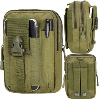   Sötétzöld poliészter övtáska, 17,5×13×5 cm, 2 rekesz, 4 zseb