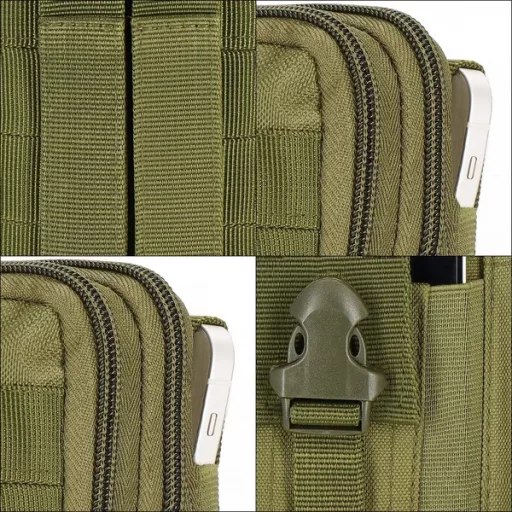 Sötétzöld poliészter övtáska, 17,5×13×5 cm, 2 rekesz, 4 zseb